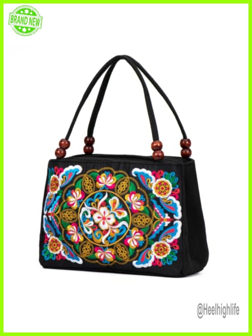 Embroidered Canvas Tote Bag Small Boho Purse Wooden Beads Handles